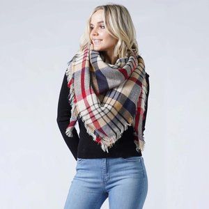 Knit Plaid Blanket Scarf Wrap, Tan/Navy Combo